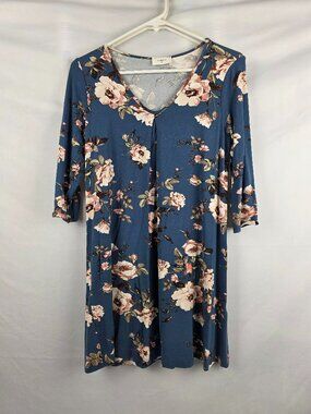 Everly Anthropologie Blue and Pink Floral Shift Dress 3/4 Sleeve